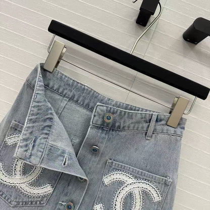 25SS Beach Series Double C Hollow Water soluble Flower Embroidered Cowboy Single breasted Short Half Skirt