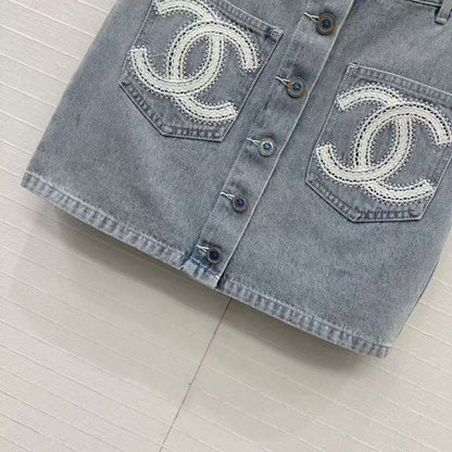 25SS Beach Series Double C Hollow Water soluble Flower Embroidered Cowboy Single breasted Short Half Skirt
