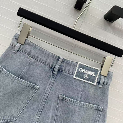 25SS Beach Series Double C Hollow Water soluble Flower Embroidered Cowboy Single breasted Short Half Skirt