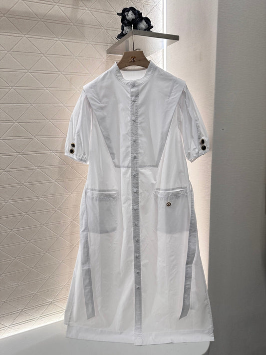 2025 Summer New Round Neck Button Belt Dress
