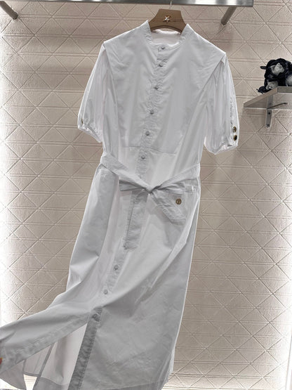 2025 Summer New Round Neck Button Belt Dress