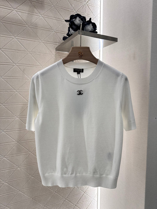 2025 New Arrivals Shoulder Sleeve Sequin Double C Knitted Short Sleeve