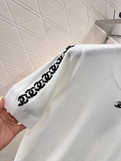 2025 New Arrivals Shoulder Sleeve Sequin Double C Knitted Short Sleeve