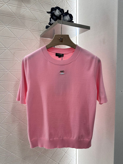 2025 New Arrivals Shoulder Sleeve Sequin Double C Knitted Short Sleeve
