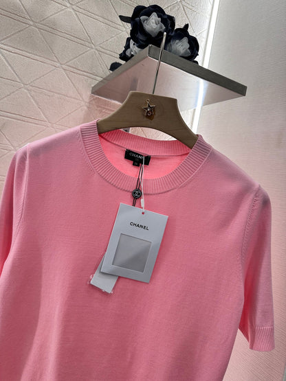2025 New Arrivals Shoulder Sleeve Sequin Double C Knitted Short Sleeve