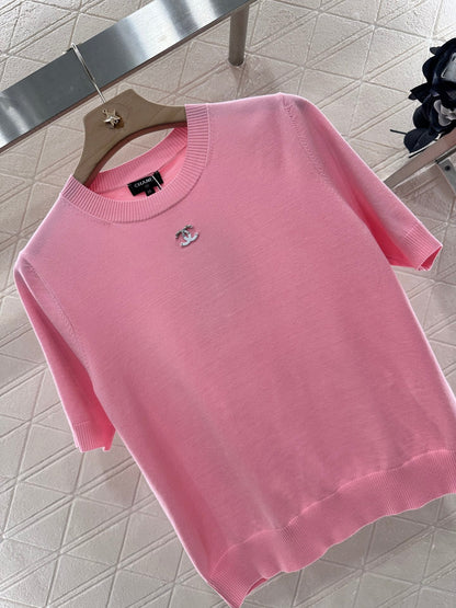 2025 New Arrivals Shoulder Sleeve Sequin Double C Knitted Short Sleeve
