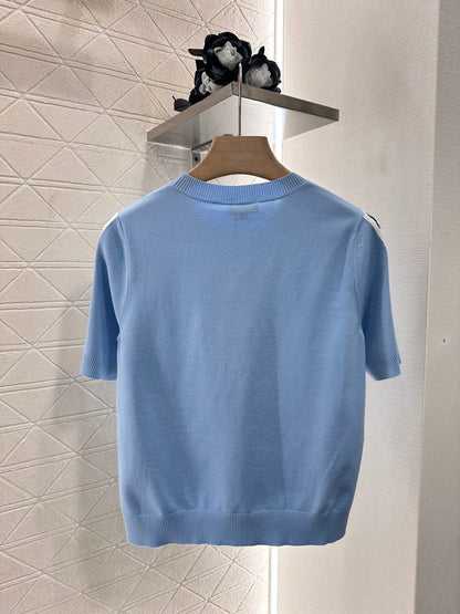 2025 New Arrivals Shoulder Sleeve Sequin Double C Knitted Short Sleeve