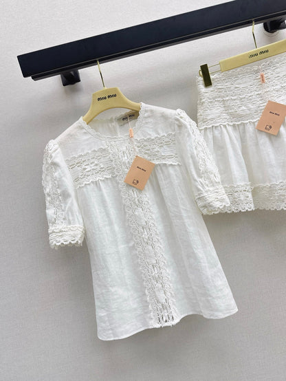 25Ss Spring and Summer Latest French Round Neck Linen Short Sleeve Shirt Suit