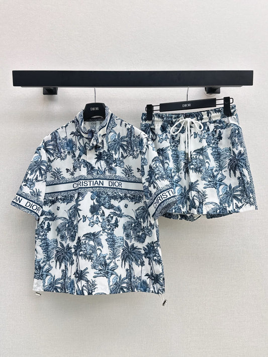 25Ss Spring and Summer latest jungle print casual suit with stand-up collar casual top + elastic waist shorts