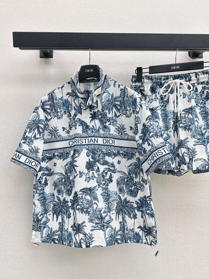 25Ss Spring and Summer latest jungle print casual suit with stand-up collar casual top + elastic waist shorts