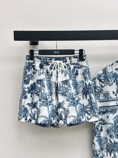 25Ss Spring and Summer latest jungle print casual suit with stand-up collar casual top + elastic waist shorts