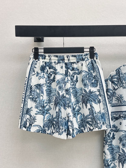 25Ss Spring and Summer latest jungle print casual suit with stand-up collar casual top + elastic waist shorts
