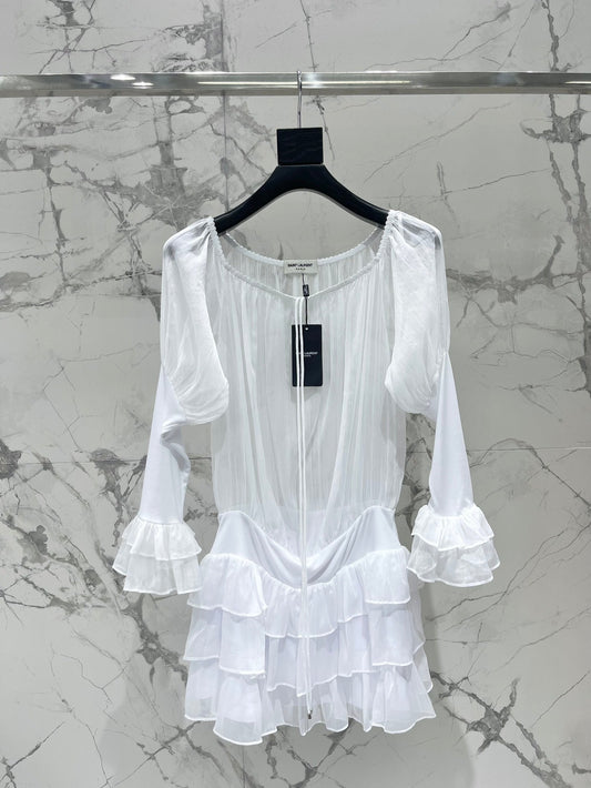 25 new pleated texture halter neck off-shoulder leg of lamb sleeves multi-layered ruffle dress
