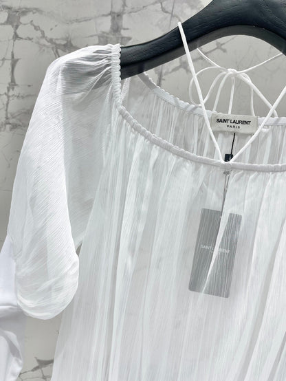 25 new pleated texture halter neck off-shoulder leg of lamb sleeves multi-layered ruffle dress