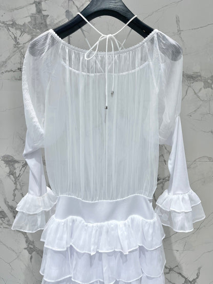 25 new pleated texture halter neck off-shoulder leg of lamb sleeves multi-layered ruffle dress