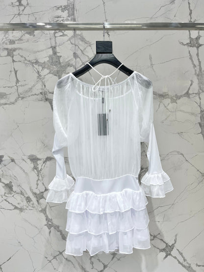 25 new pleated texture halter neck off-shoulder leg of lamb sleeves multi-layered ruffle dress