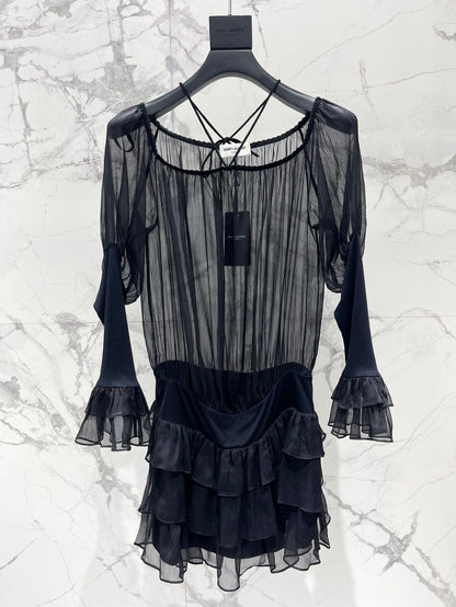 25 new pleated texture halter neck off-shoulder leg of lamb sleeves multi-layered ruffle dress