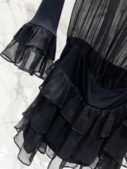 25 new pleated texture halter neck off-shoulder leg of lamb sleeves multi-layered ruffle dress