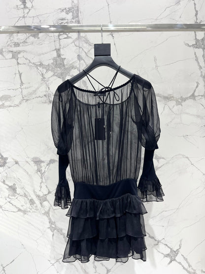 25 new pleated texture halter neck off-shoulder leg of lamb sleeves multi-layered ruffle dress