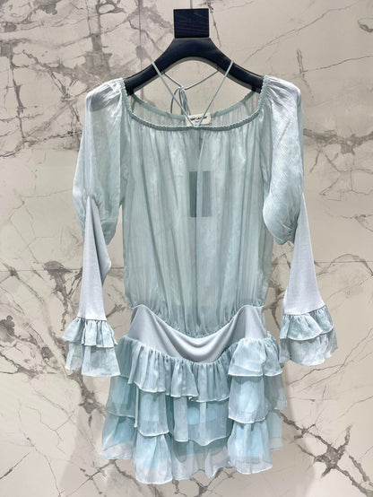 25 new pleated texture halter neck off-shoulder leg of lamb sleeves multi-layered ruffle dress