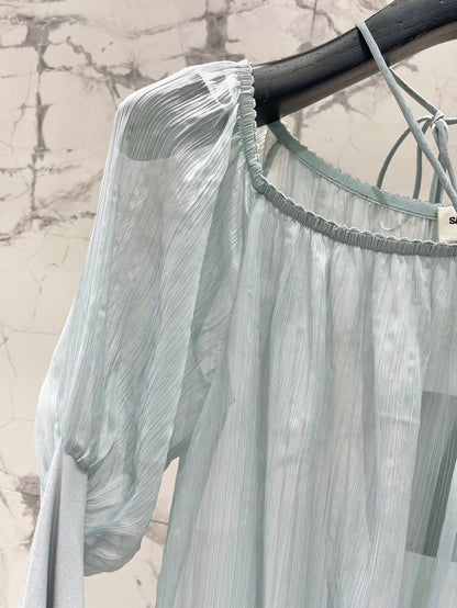 25 new pleated texture halter neck off-shoulder leg of lamb sleeves multi-layered ruffle dress