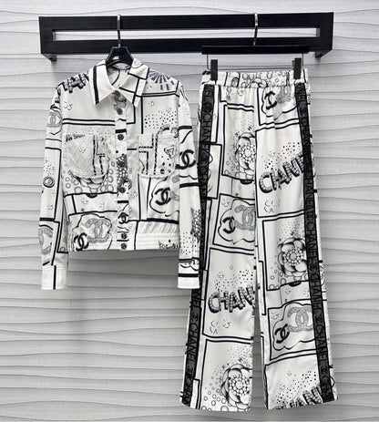 2025 Summer New Lapel Printed Shirt Straight Pants Suit