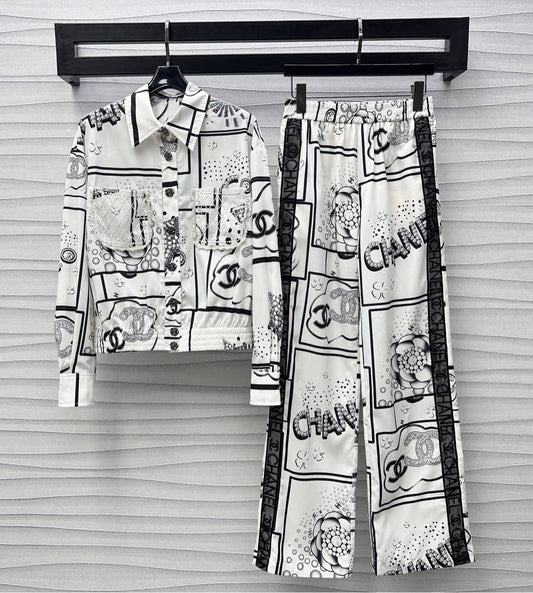 2025 Summer New Lapel Printed Shirt Straight Pants Suit