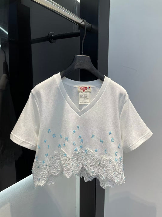 2025 New Antique Style Heavy Handmade Water-soluble Stitching T-shirt