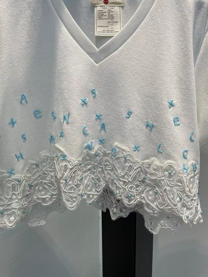 2025 New Antique Style Heavy Handmade Water-soluble Stitching T-shirt