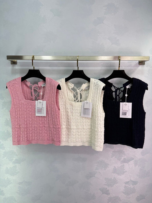 2025 Summer New Square Round Neck Lace-up Knitted Vest