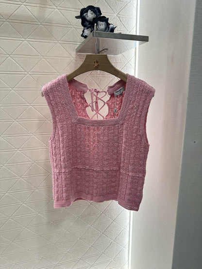 2025 Summer New Square Round Neck Lace-up Knitted Vest