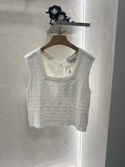 2025 Summer New Square Round Neck Lace-up Knitted Vest
