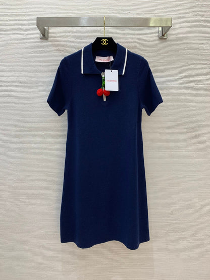 25 Summer new red cherry pendant knitted polo dress