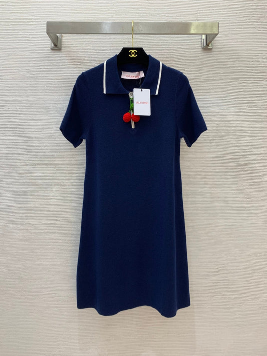 25 Summer new red cherry pendant knitted polo dress