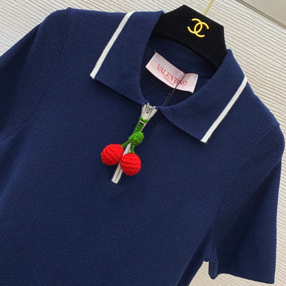 25 Summer new red cherry pendant knitted polo dress
