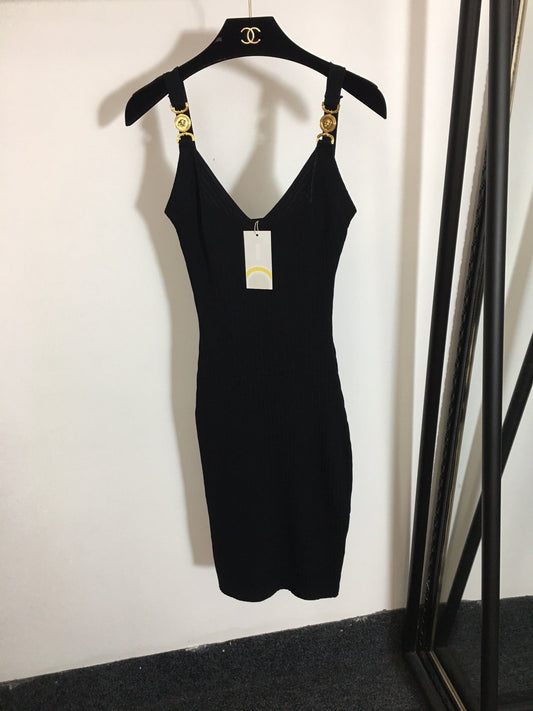25 Summer New Metal Button Slim Fit Elastic Knit Suspender Dress