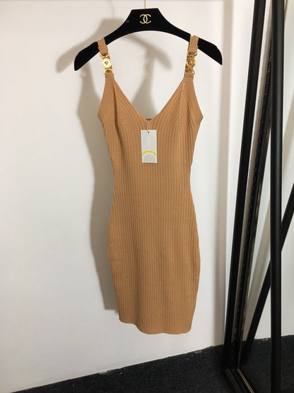 25 Summer New Metal Button Slim Fit Elastic Knit Suspender Dress