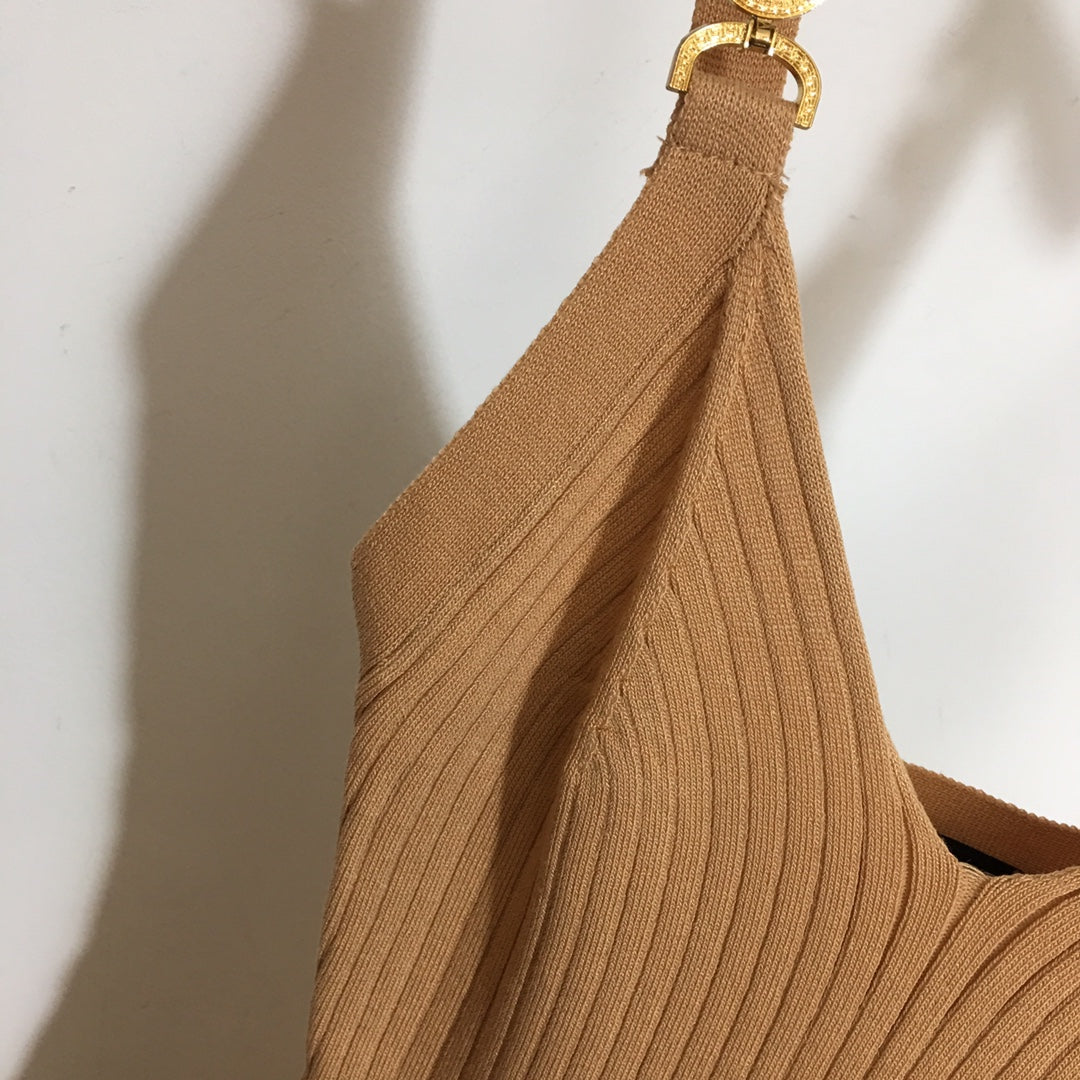 25 Summer New Metal Button Slim Fit Elastic Knit Suspender Dress
