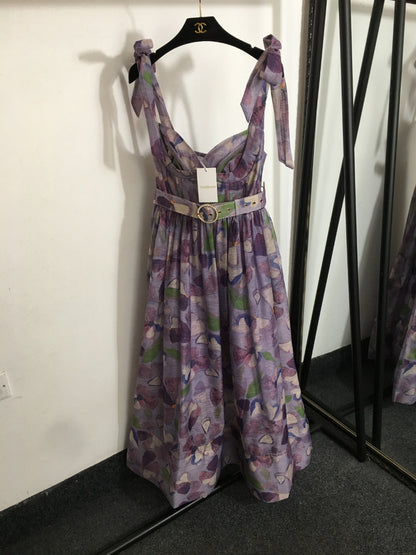 25 Summer new flower print elegant temperament bow suspender dress