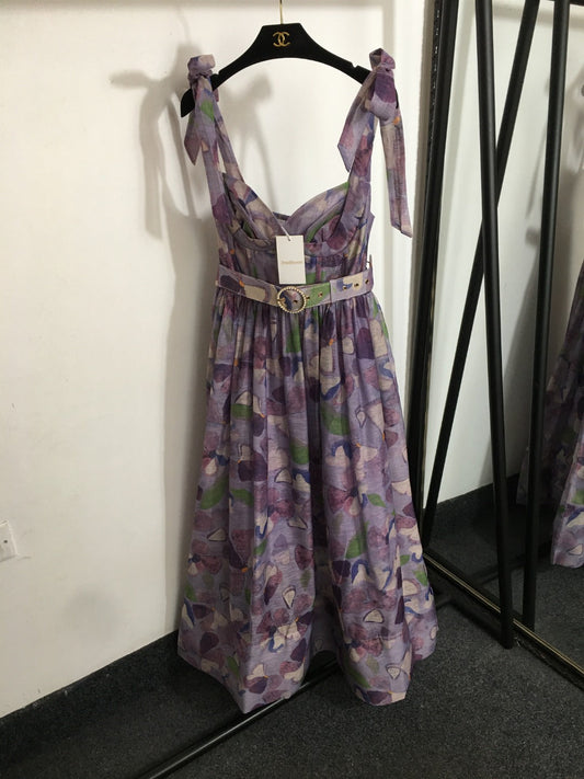 25 Summer new flower print elegant temperament bow suspender dress