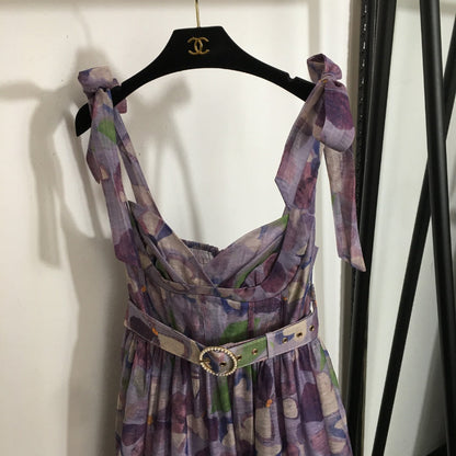 25 Summer new flower print elegant temperament bow suspender dress