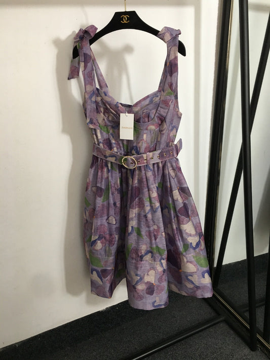 25 Summer new flower print elegant temperament bow suspender dress
