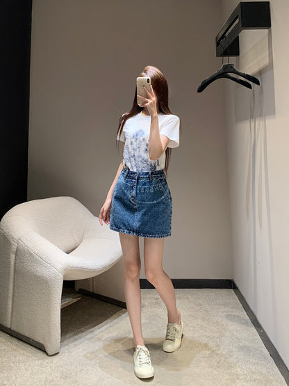C 25 Printed Denim Half Skirt