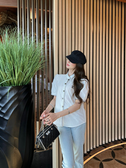25Ss Spring and Summer new contrast color black edge embroidered shirt