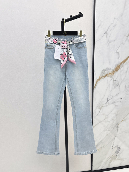 25Ss Spring and Summer New Silk Scarf Ribbon High Waist Slim Jeans