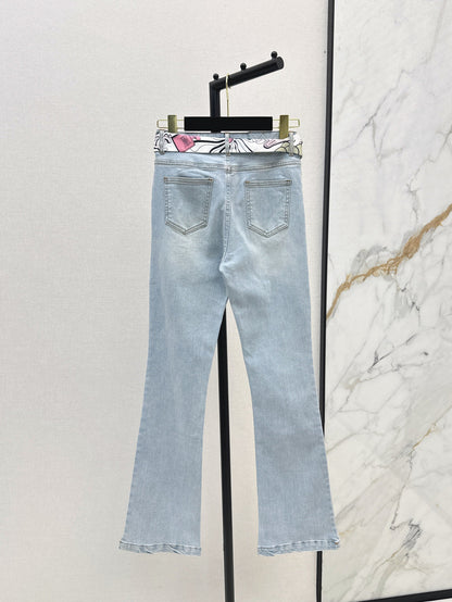 25Ss Spring and Summer New Silk Scarf Ribbon High Waist Slim Jeans