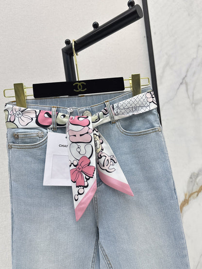25Ss Spring and Summer New Silk Scarf Ribbon High Waist Slim Jeans