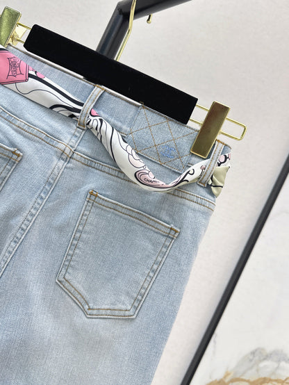 25Ss Spring and Summer New Silk Scarf Ribbon High Waist Slim Jeans