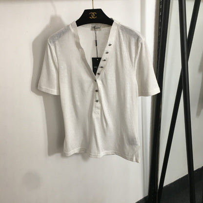 25 Summer new love button V-neck short-sleeved cotton T-shirt top
