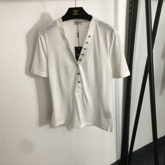 25 Summer new love button V-neck short-sleeved cotton T-shirt top